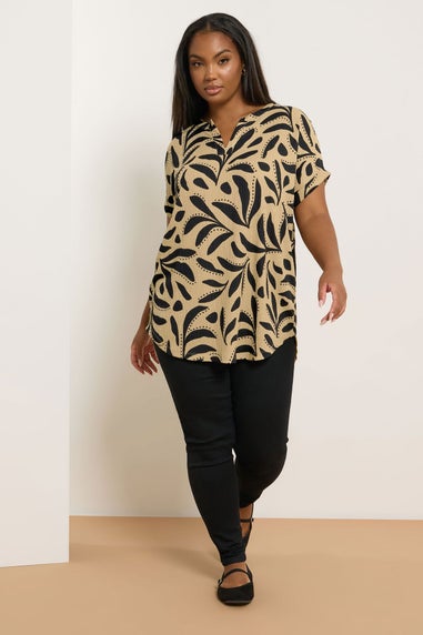 Yours Curve Natural Brown Leaf Print Textured Top