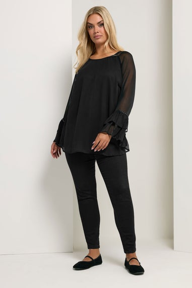 Yours Curve Black Ruffle Sleeve Stud Top