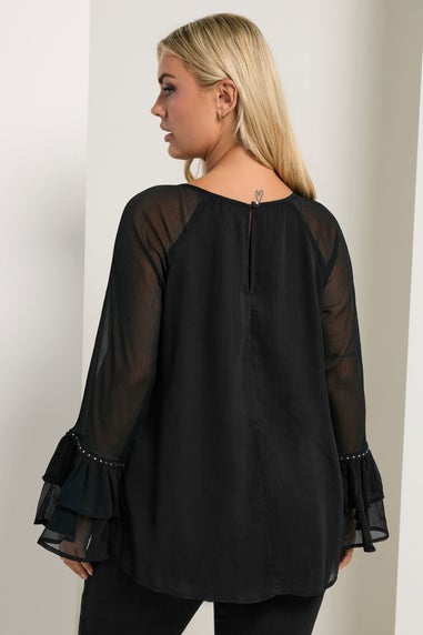 Yours Curve Black Ruffle Sleeve Stud Top