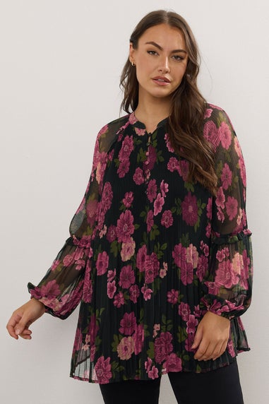 Yours Curve Black Floral Print Pleated Blouse