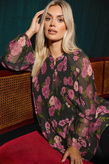 Yours Curve Black Floral Print Pleated Blouse