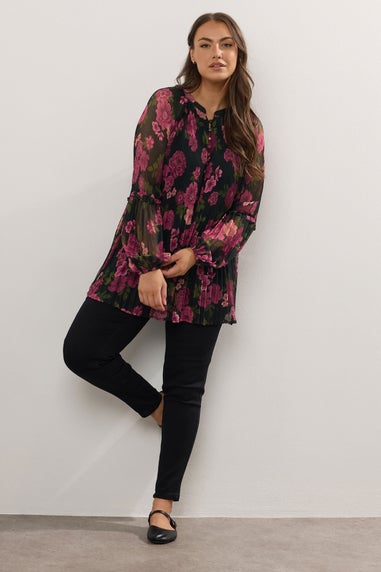 Yours Curve Black Floral Print Pleated Blouse
