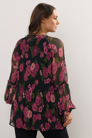 Yours Curve Black Floral Print Pleated Blouse