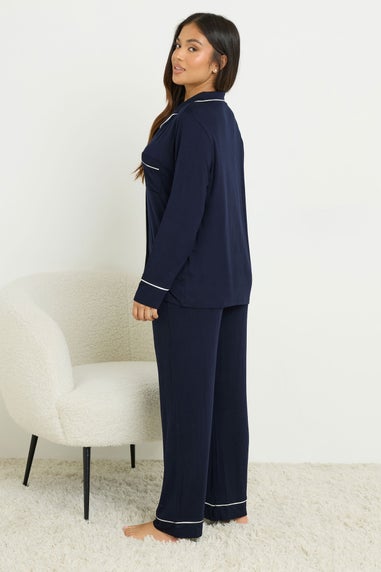 PixieGirl Petite Navy Blue Piped Long Sleeve Jersey Pyjama Set