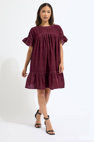 PixieGirl Petite Burgundy Red Velvet Frill Smock Mini Dress