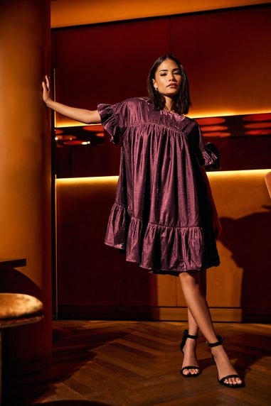 PixieGirl Petite Burgundy Red Velvet Frill Smock Mini Dress