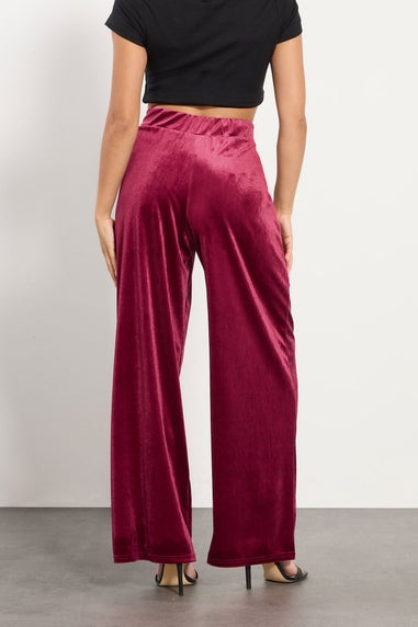 PixieGirl Petite Burgundy Red Velour Wide Leg Trousers