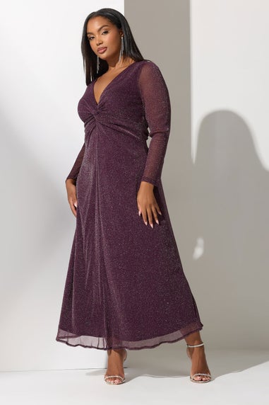 Yours London Curve Wine Red Metallic Twist Front Maxi Dress
