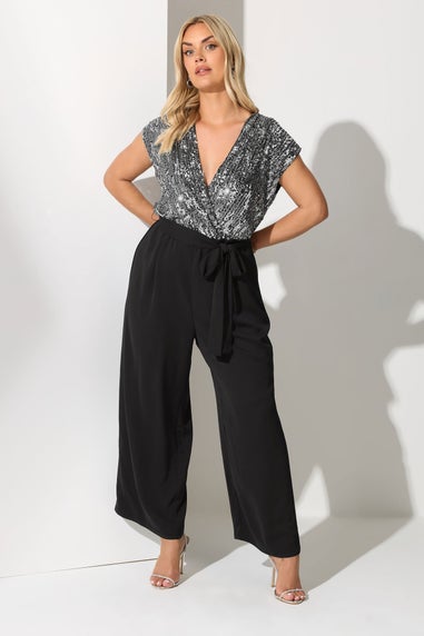 Yours London Curve Black & Silver Wrap Front Sequin Jumpsuit