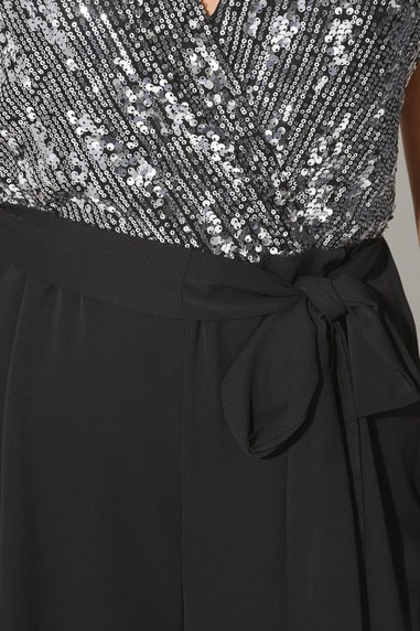 Yours London Curve Black & Silver Wrap Front Sequin Jumpsuit