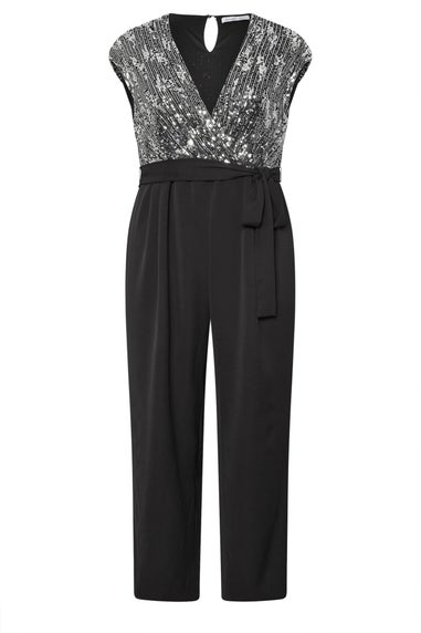 Yours London Curve Black & Silver Wrap Front Sequin Jumpsuit