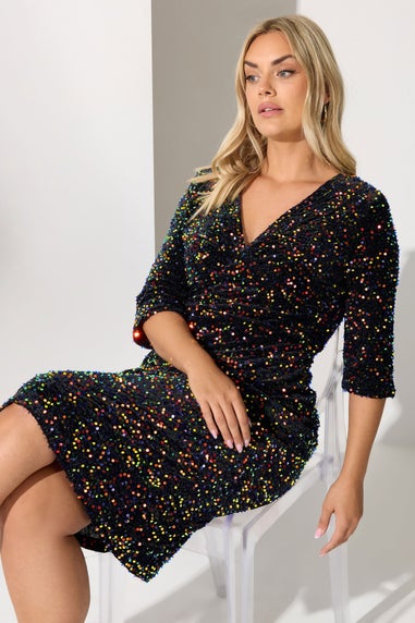 Yours London Curve Black Multicoloured Sequin Velvet Midi Dress
