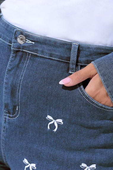 Yours Limited Curve Blue Bow Embroidered Wide Leg Jeans