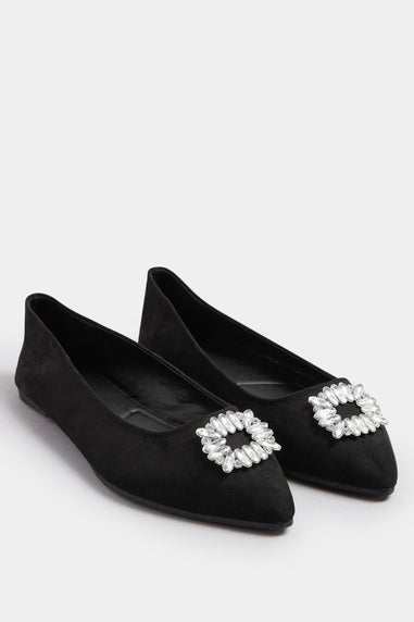 Yours Black Faux Suede Diamante Pointed Ballet Pumps In Extra Wide EEE Fit
