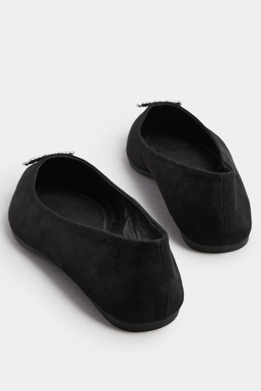 Yours Black Faux Suede Diamante Pointed Ballet Pumps In Extra Wide EEE Fit