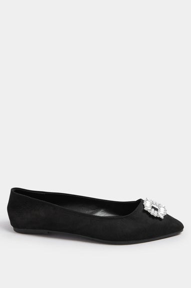 Yours Black Faux Suede Diamante Pointed Ballet Pumps In Extra Wide EEE Fit