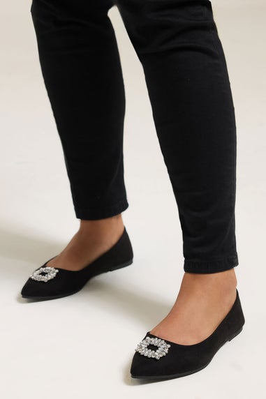 Yours Black Faux Suede Diamante Pointed Ballet Pumps In Extra Wide EEE Fit