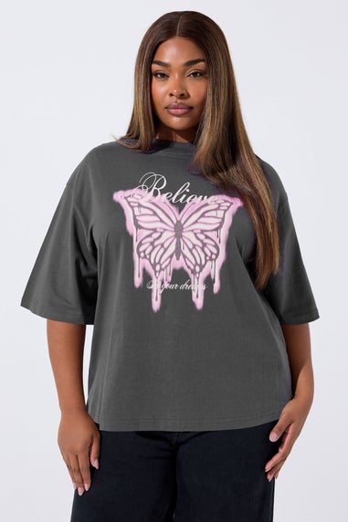 Yours Limited Grey 'Believe' Butterfly Graphic Oversized T-Shirt