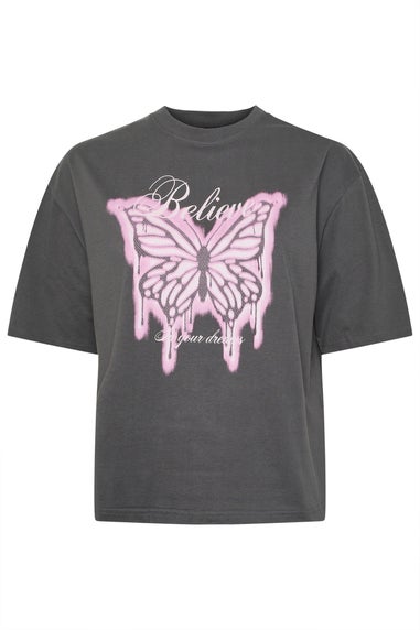Yours Limited Grey 'Believe' Butterfly Graphic Oversized T-Shirt