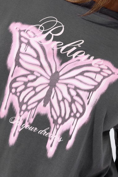 Yours Limited Grey 'Believe' Butterfly Graphic Oversized T-Shirt
