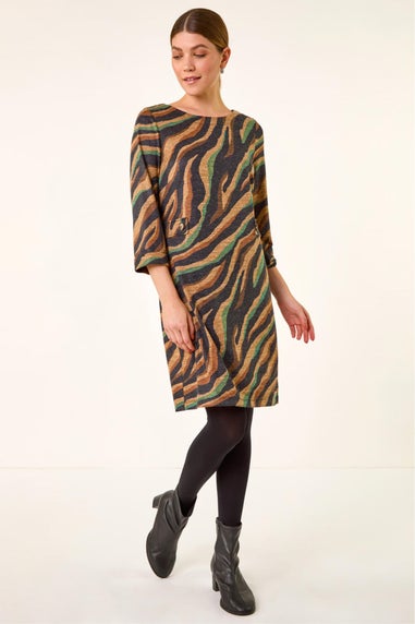 Roman Tan Zebra Print Stretch Swing Dress