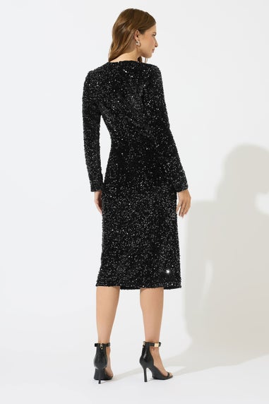 M&Co Black Sequin Gathered Velvet Dress