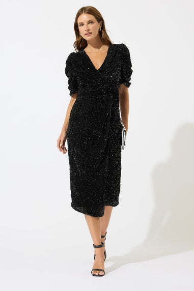 M&Co Black Sequin Velvet Wrap Dress
