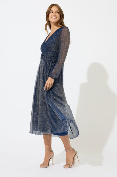 M&Co Blue Plisse Bow Waist Detail Dress