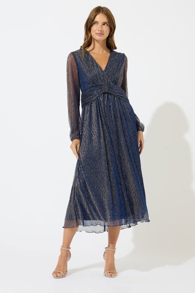 M&Co Blue Plisse Bow Waist Detail Dress