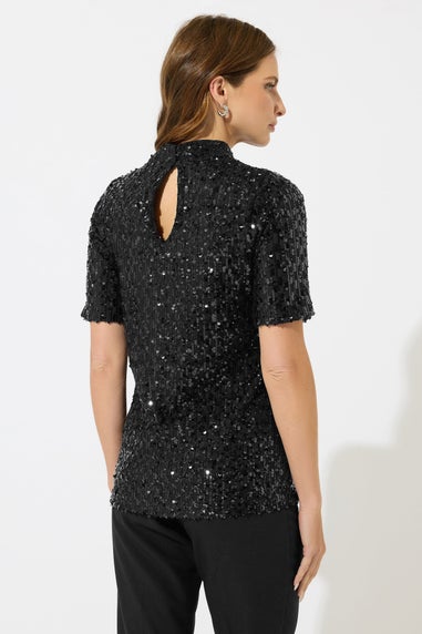 M&Co Black Mixed Sequin Embellished Keyhole Top