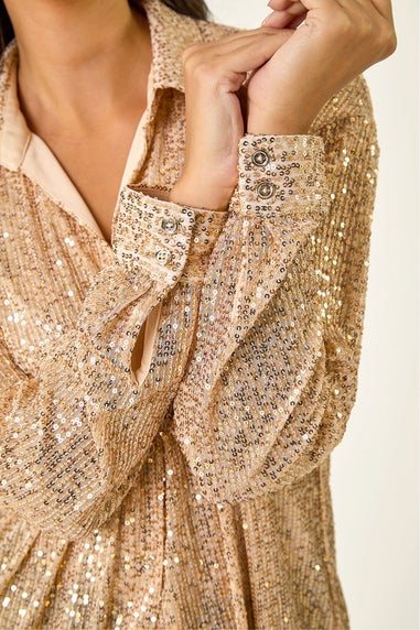Dusk Gold Sequin Button Through Blouse