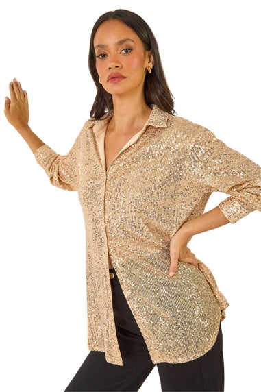 Dusk Gold Sequin Button Through Blouse