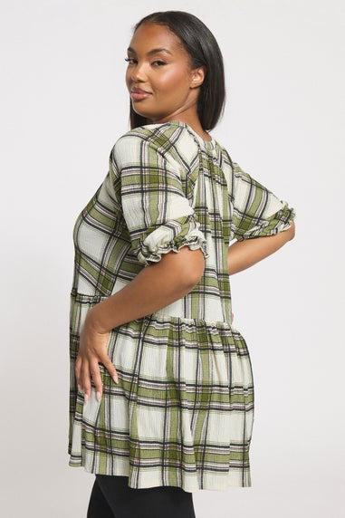 Yours Curve Khaki Green Check Textured Peplum Top