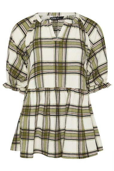 Yours Curve Khaki Green Check Textured Peplum Top