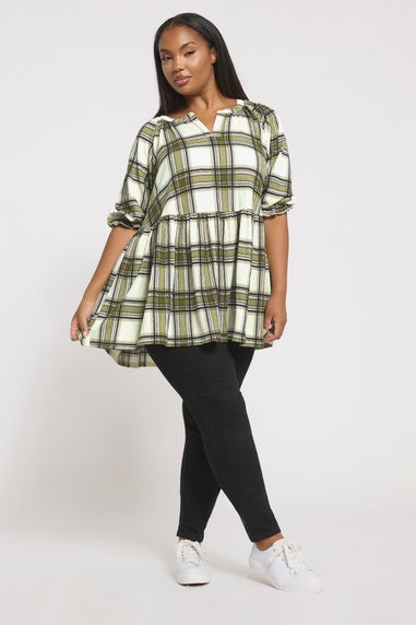 Yours Curve Khaki Green Check Textured Peplum Top