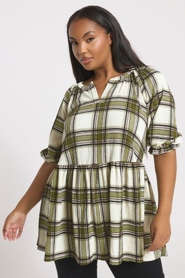 Yours Curve Khaki Green Check Textured Peplum Top