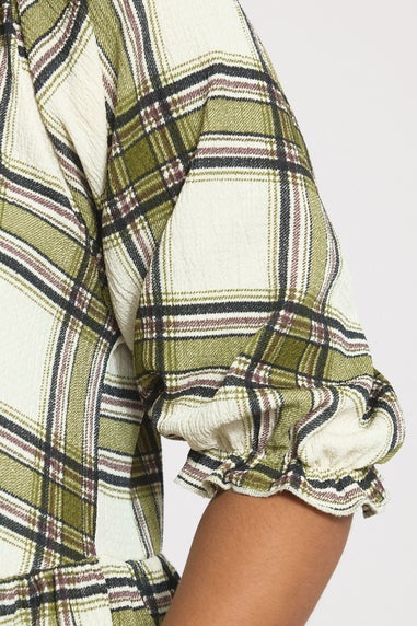 Yours Curve Khaki Green Check Textured Peplum Top