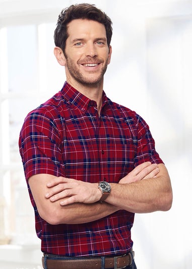 Cotton Traders Dark Crimson Iconic Short Sleeve Patterned Oxford Shirt