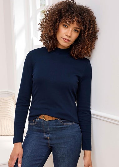 Cotton Traders Navy Wrinkle Free Long Sleeve Turtleneck Top