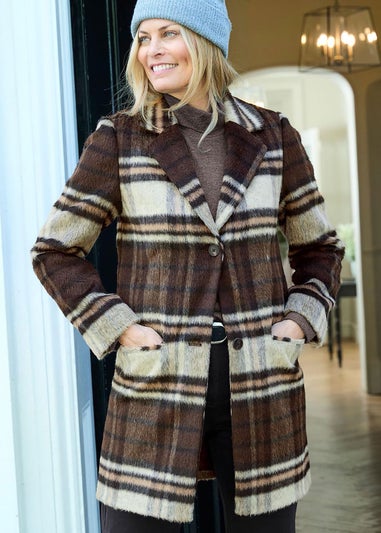 Cotton Traders Dark Chocolate Wool Look Check Coat