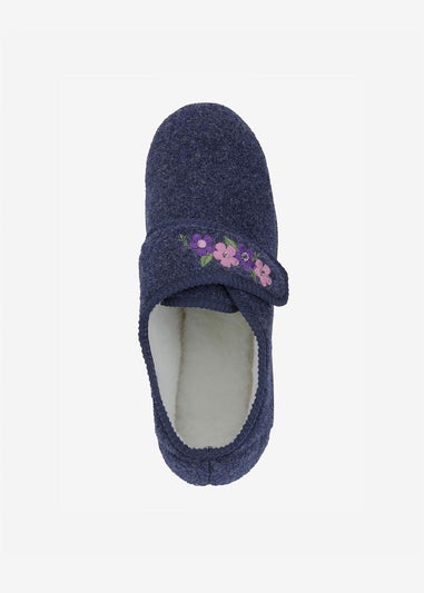 Cotton Traders Navy Adjustable Embroidery Slippers