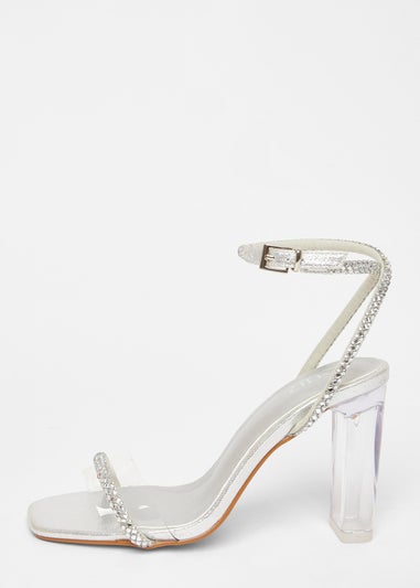 Quiz Silver Diamante Clear Block Heels