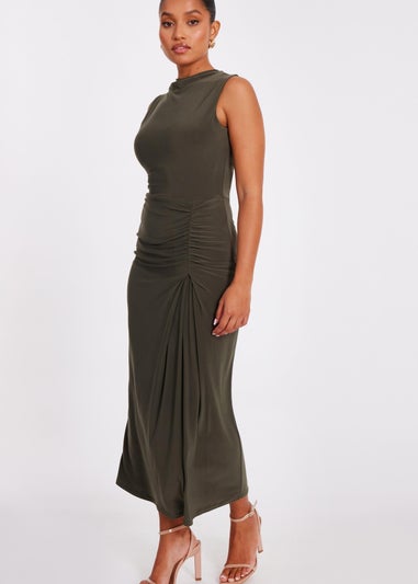 Quiz Khaki Petite Ruched Bodycon Midaxi Dress