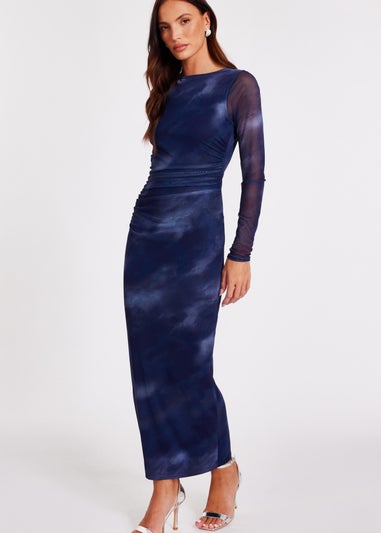 Quiz Blue Printed Long Sleeve Midaxi Dress