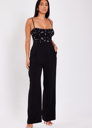 Quiz Black Embellished Mesh Bodice Jumpsuit