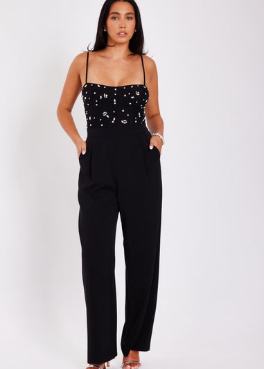 Quiz Black Embellished Mesh Bodice Jumpsuit