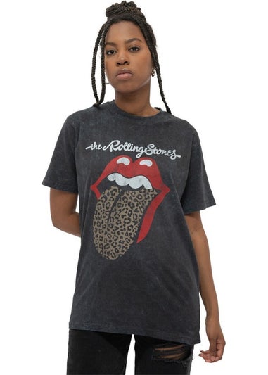 The Rolling Stones Black Leopard Tongue Acid Wash T-Shirt