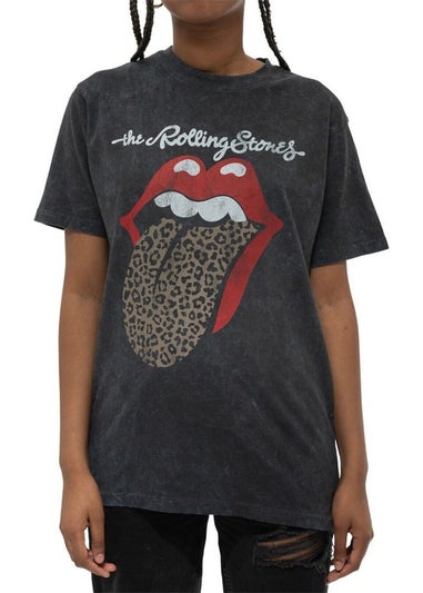 The Rolling Stones Black Leopard Tongue Acid Wash T-Shirt