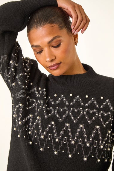 Roman Black Jacquard Faux Pearl Knit Jumper