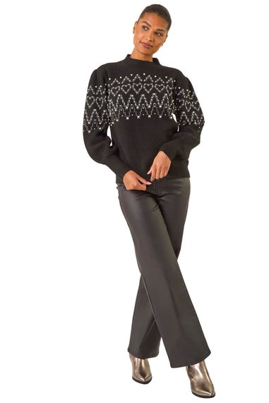 Roman Black Jacquard Faux Pearl Knit Jumper